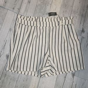 Express Paper Bag Waist Linen Shorts, White with Blue Stripes, Size L NWT